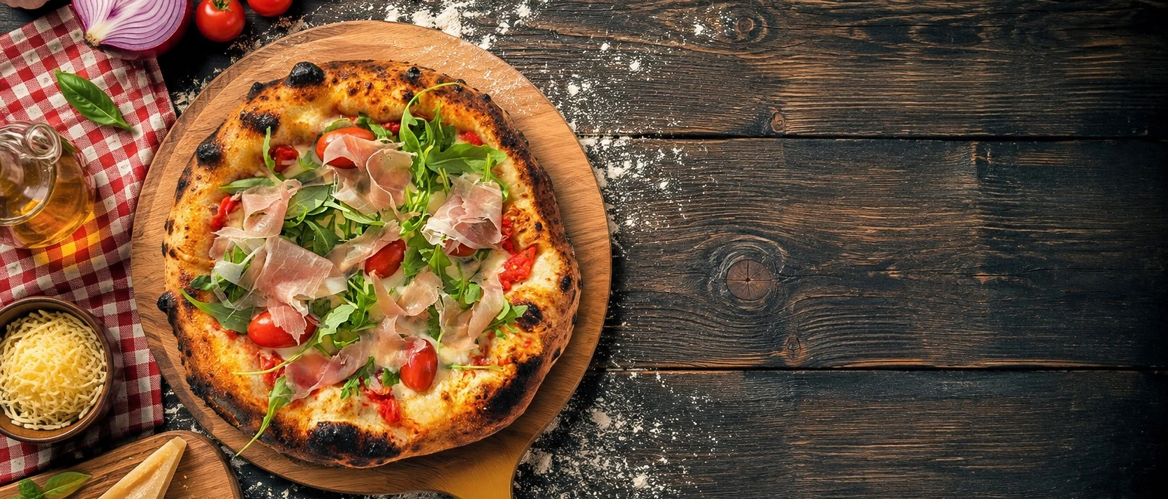 Svaigi cepta Neapoles pica ar prosciutto un rukolu uz koka dēlīša